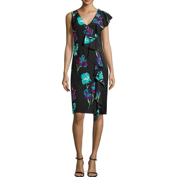 Diane von Furstenberg 100% Silk Black Floral Dress, Size 12 - Picture 1 of 10